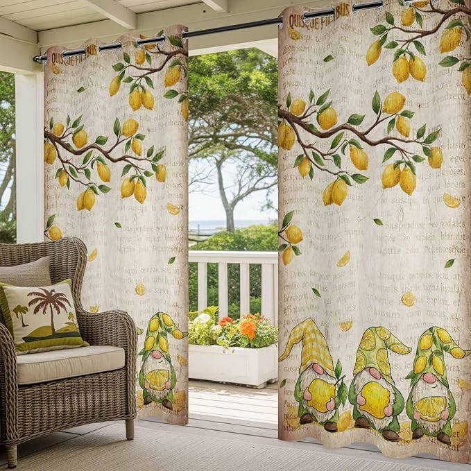 Summer Gnome Outdoor Curtains for Patio Gnome Lemon Leaf Vintage Waterproof