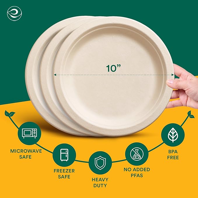 ECO SOUL 100% Compostable Paper Plates 10 Inch [1000-Pack] Biodegradable Heavy Duty Eco-Friendly Disposable Plates for Dinner, Parties, Wedding & Event