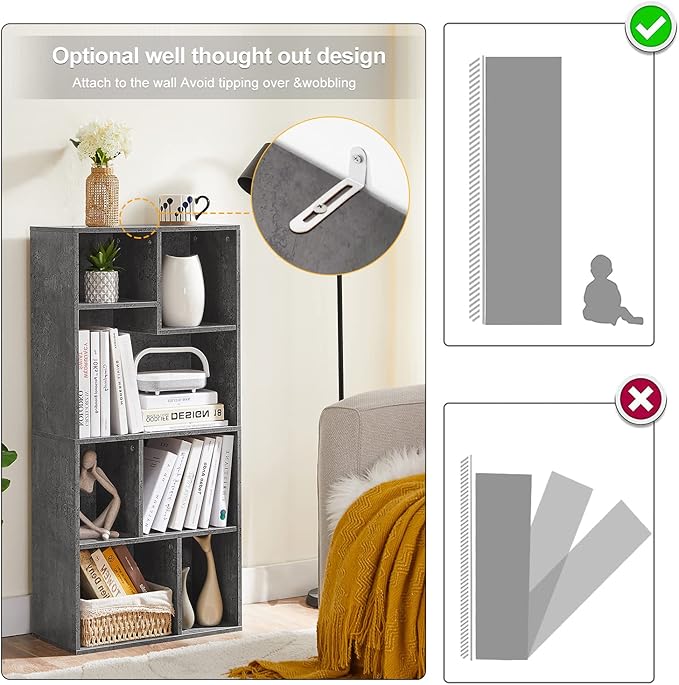 VECELO 42" Contemporary Bookshelf, 7 Cube Organizer Bookcase,Fits Tallest Hardcovers, Horizontal Available,Floor Standing Display,Easy Assembly, Gray