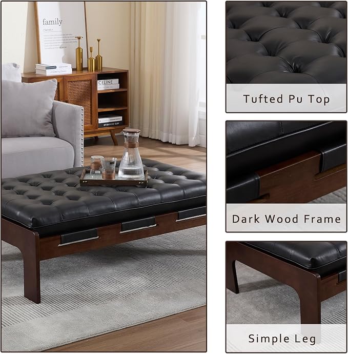 Kmax Coffee Table, 48 Inch Black Leather Ottoman Coffee Table Rectangular Upholstered Dark Wood Center Table Tufted Tea Table, Oversized Footrest Stool for Living Room - PU, Black