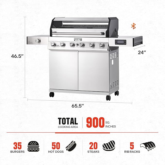 Monument Grills 6+1 Convertible Natural Gas Smart bbq Grill, 6 Burners & 1 Side Burner Stainless Steel Denali 605 with Smart Technology, Knob Controls (Without Conversion Kit)