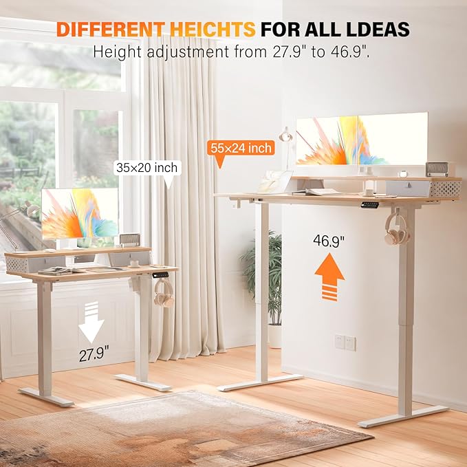 Electric Standing Desk with 2 Drawers 55''x 24'' Adjustable Height Sit to Stand Up Desk with Storage Shelf, C-Clamp Mount Compatible Home Office Desks Computer Gaming Table Ergonomic Workstation