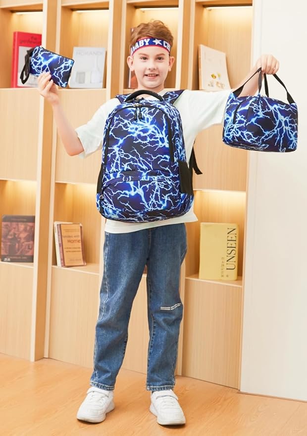BABUN Backpack for Boys Middle Elementary Set for Kids Bookbag Lightning Laptop School Bags Waterproof With Lunch Box Bag (1-Blue)