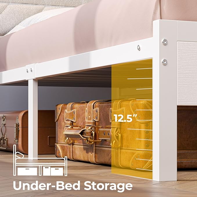 Seventable Bed Frame Twin Size with Charging Station, LED Bed with Upholstered Storage Headboard, Metal Platform Bed with Under Bed Storage, No Box Spring Needed, Noise Free, Easy Assembly, White