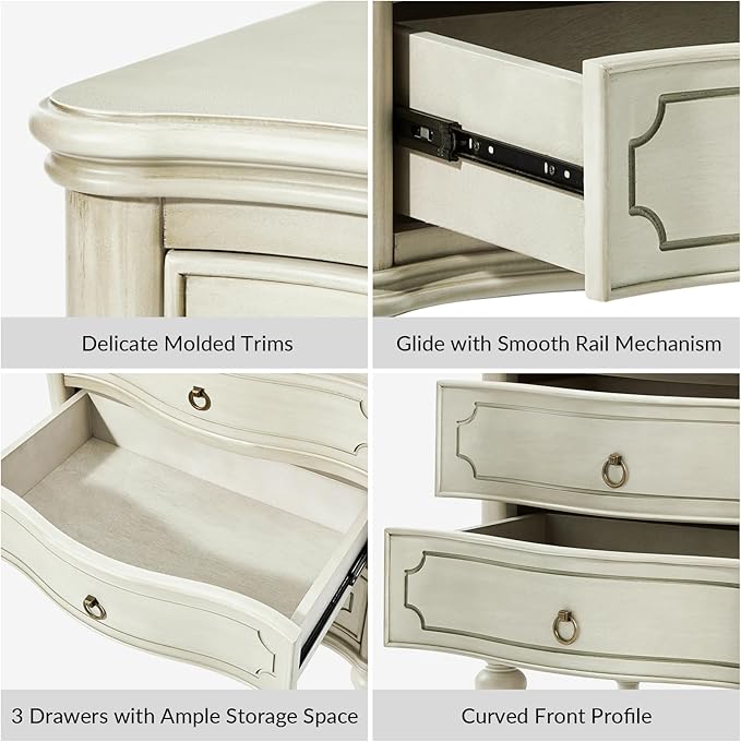 HULALA HOME Traditional Side Table with 3 Drawers, Tall Side Table with Curved Front Profle Desgin, Charging Station, Solid Wood Legs, White