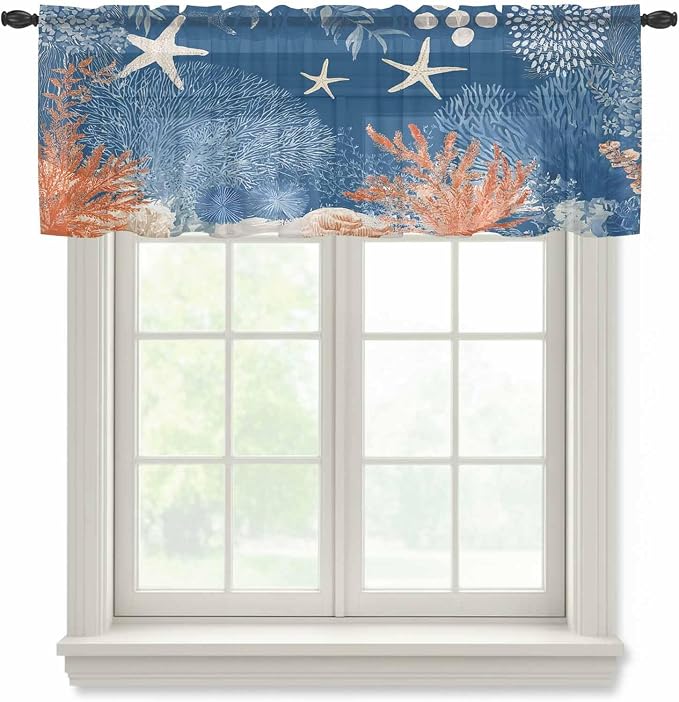 Ocean Corals Sheer Valance Curtains, Summer Beach Coral Sea Stars Dark Blue