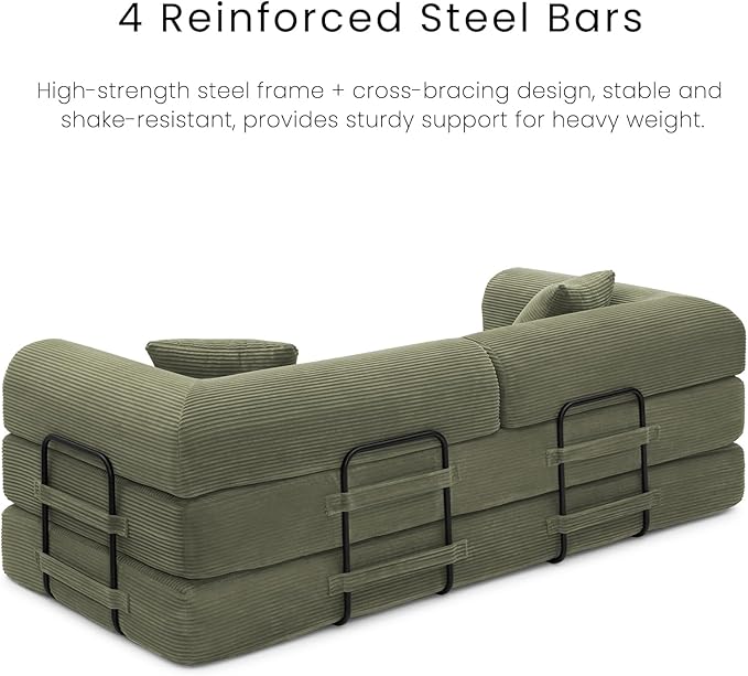 Compression Sofa - 79'' Convertible Sofa Bed, Boneless Couch in a Box, Modular Corduroy Foldable Sleeper Sofa with 2 Pillows, Loveseat Couches for Living Room (Corduroy Fabric, Green)