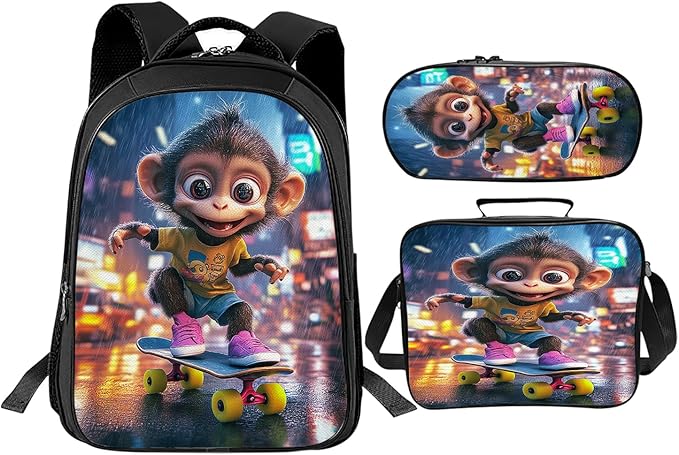 Monkey Backpack Set 3 Piece School Bags and Lunch Box with Pencil Case Funny Monkey Bookbag Set for Toddler Kids Girls Boys Teens Kindergarten Elementary Middle