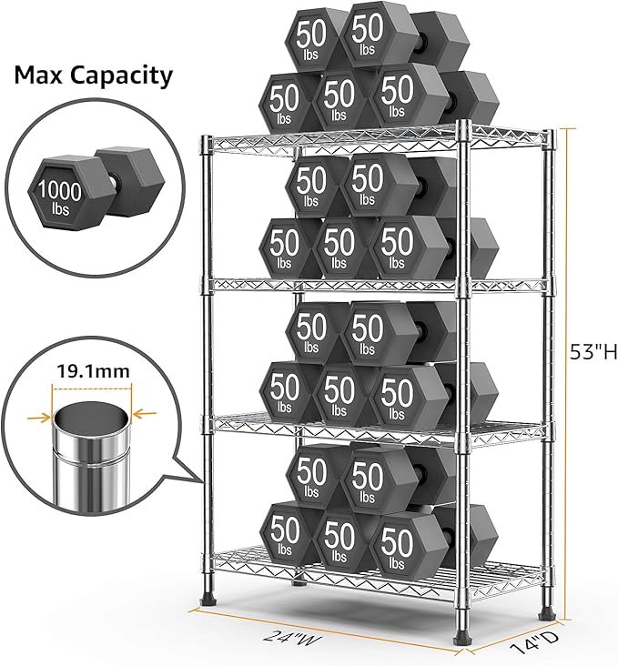 1000 lbs Storage Shelving 4-Tier Utility Shelving Unit Steel Organizer Wire Rack for Home,Kitchen,Office,Chrome (13.7" D x 23.6" W x 53.4" H)