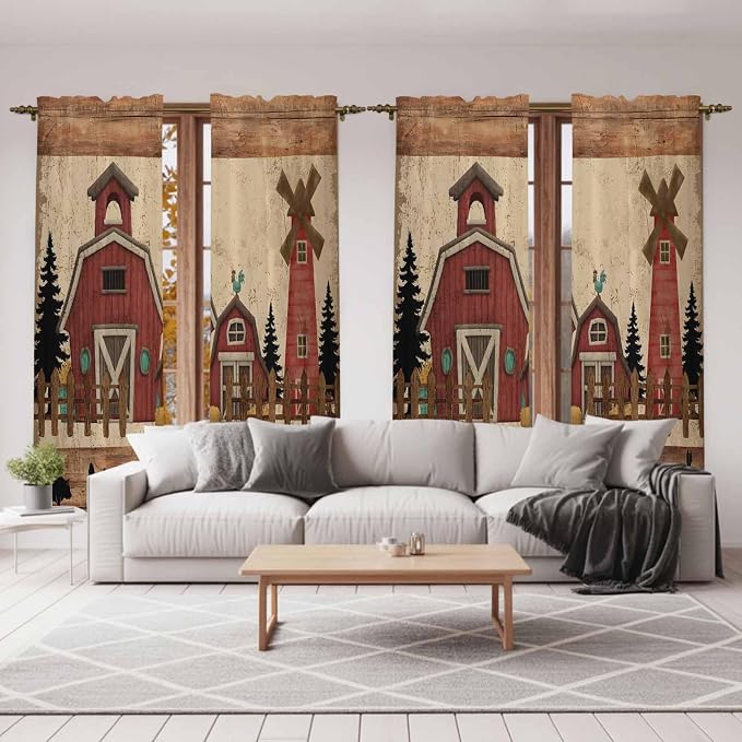 Brown Farmhouse Kitchen Curtains, Vintage Country Animals Wooden Grain Light