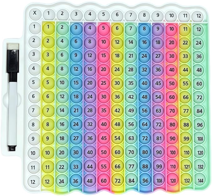 Multiplication Table Game pop Fidget Toys Educational Math Learning Board with Marker, Rainbow Colors, 12x12 Grid Multiplication Charts for Kids Multiplication Flash Cards