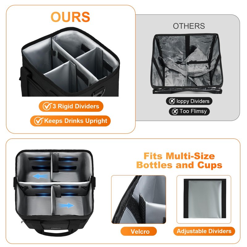 MRINCA Reusable Drink Carrier with Handle – Insulated, Collapsible 4-Cup Beverage Bag with No-Spill Base, Adjustable Dividers & Shoulder Strap, Portable Caddy for Delivery, Car and Travel, Black