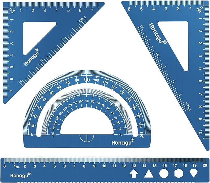 Honagu Triangular Ruler Set, 4 Pieces Aluminum Alloy Ruler, Metal Drafting Ruler, Geometric Protractor for Students, Draftsmen, Engineers, Home School Office Supplies (20cm/7.87inches, Blue)