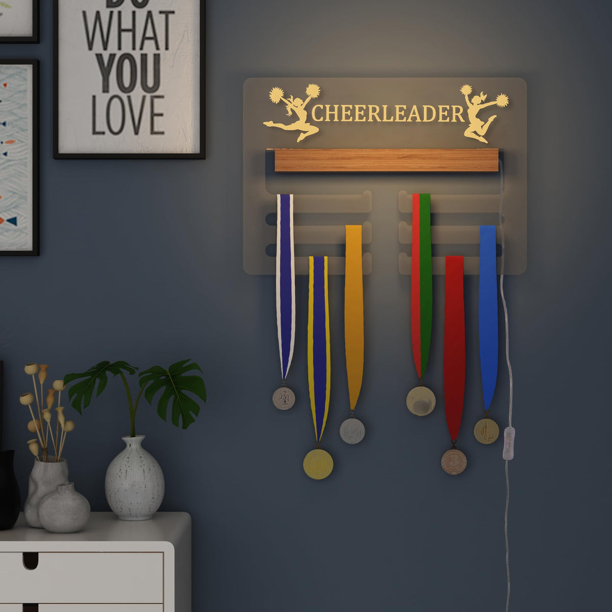 Ammonite Light up Cheerleader Medal Hanger Display, Holder Rack for Awards or Ribbons, Sports Themed Ribbon Holder for Wall, Tiered Award Rack