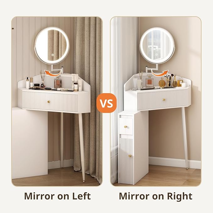 ARTETHYS Corner Vanity Desk with Retractable and Rotating Mirror and Lights Small Modern White Makeup Vanity Set with Glass Top for Women Compact Girls Dressing Table with Drawer for Small Space