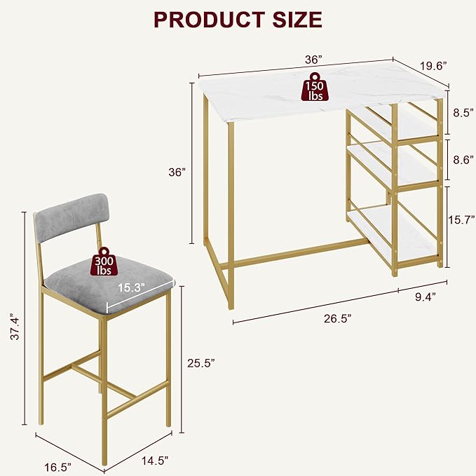 GAOMON Dining Table Set for 2, Kitchen Table and Upholstered Chairs for 2, 3 Piece Counter Height Bar Kitchen Table Set with 3 Storage Shelves for Small Space, Apartment, Velvet Gray and Gold White