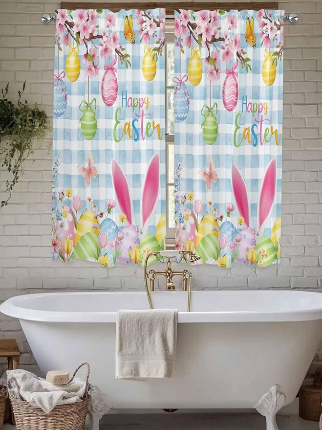 Happy Easter Bedroom Curtains 63 Inches length, Spring Watercolor Bunny Eggs