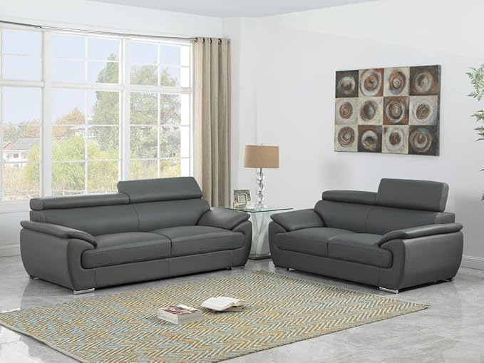 Blackjack Furniture 4571 Veal Collection Genuine Leather Couch for Living Room, Elegant Modern Design with Adjustable Headrests and Durable Wood Frame, Sofa, 86", Gray