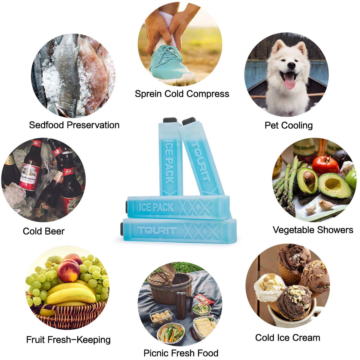TOURIT Ice Packs for Coolers, 4 Pack Reusable Long Lasting Freezer Packs for Lunch Bags/Boxes, Cooler Backpack, Camping, Beach, Picnics, Fishing and More, Blue