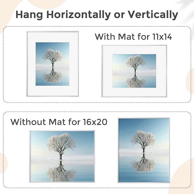 16x20 Metal Picture Frame For Wall With Mat For 11x14, 16''x20'' Aluminum Photo Frames With Tempered Glass, Minimalist Modern Poster Frame Horizontally Vertically Set of 3, Silver