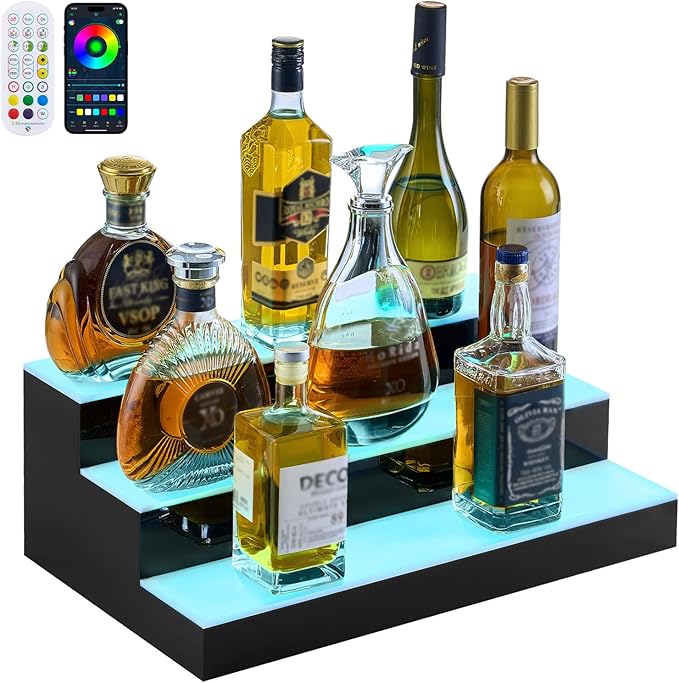 VEVOR LED Lighted Liquor Bottle Display, 3 Tiers 20 Inches Whiskey Rack, Supports USB, Illuminated Home Bar Shelf with RF Remote & App Control, 9 Static Colors, Acrylic Lighted Shelf for 15 Bottles