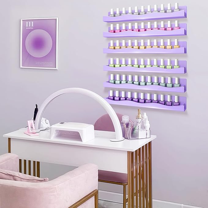 YMVV 6 Pack Nail Polish Wall Mounted Shelf,15 Inch Nail Polish Floating Shelves for 66-90 Bottles Multi-Purpose,Ideal Gift, Great Display for Salons Retailers,Purple