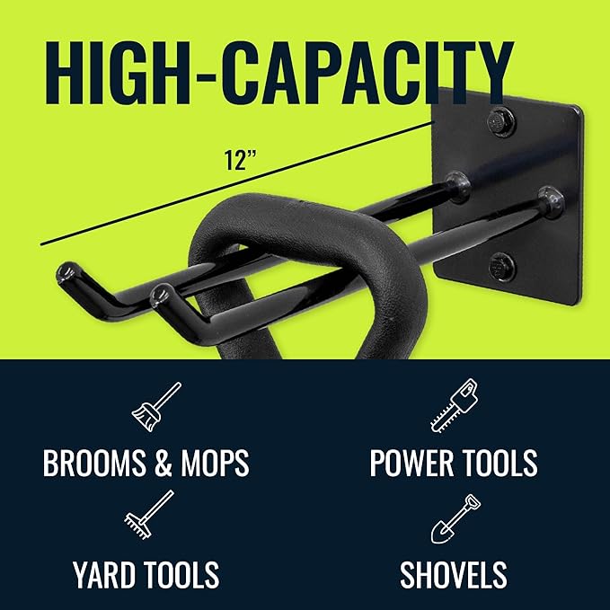 StoreYourBoard Tool Organizer Hook, Wall Mount Garage Storage, Tool Storage for Shovels Rakes Brooms Hoses and More, Rubber-Coated Steel Holds 50 lbs, 12" X 4" X 4.5"