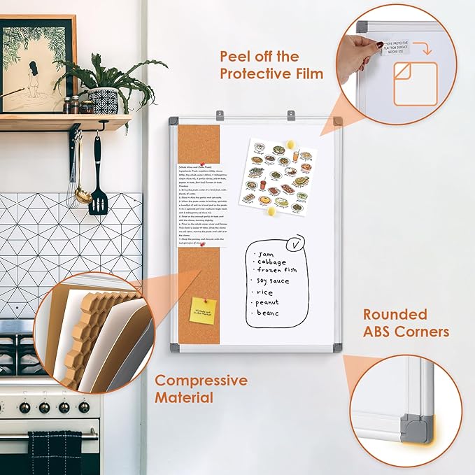 S SWANCROWN Dry Erase Board Cork Board Combo, Magnetic White Board and Bulletin Pin Board Combination,Hanging Wall Mounted Vision Board for Home, School, Office,Silver Frame,24"x18"