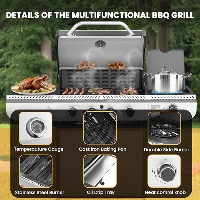Electactic 4-Burner Gas Grill with Side Burner,Stainless Steel Propane Grill with Porcelain-Enameled Grills,Built-In Thermometer,42000BTU BBQ Grill for Outdoor Cooking and Patio Barbecues