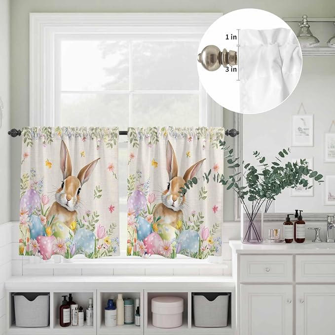Kitchen Curtains Tiers and Valance Set of 3, Easter Light Filtering Window