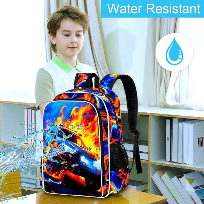 KLFVB 3PCS School Backpack Set, 17" Boys Truck Bookbag and Lunch Box, Water Resistant School Backpacks for Teenagers Middle Elementary - Flame Truck