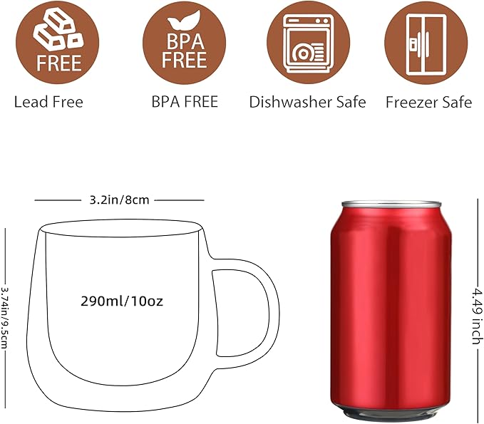 CNGLASS 10oz Double Walled Glass Coffee Mugs(2-pack),Clear Coffee Cups with Handle,Glass Espresso Mugs for Latte,Cappuccino,Tea