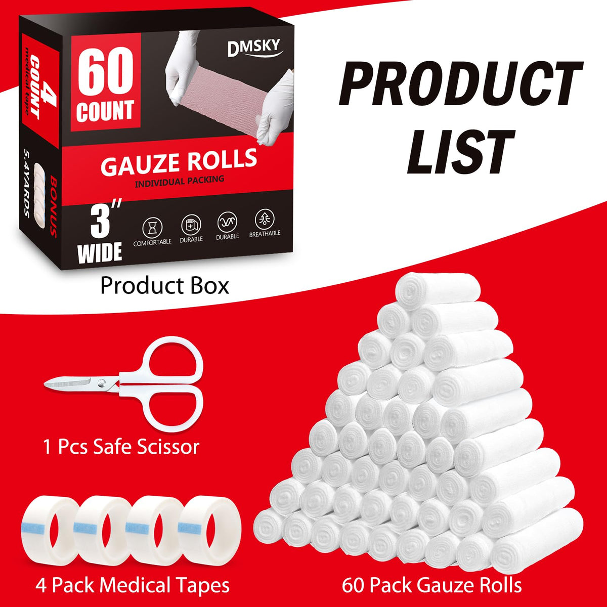 DMSKY Gauze Rolls 60 Pack, 3 in x 4.1 Yards, Individually Wrapped Breathable Rolled Gauze, Premium Bandage Wrap Vet Wrap, Mummy Wraps