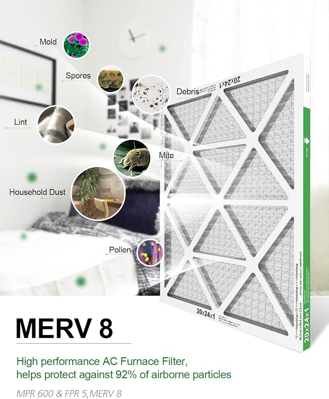 20x24x1 Air Filter 6 Pack, Durable MERV 8 Pleated Home HVAC AC Furnace Filters