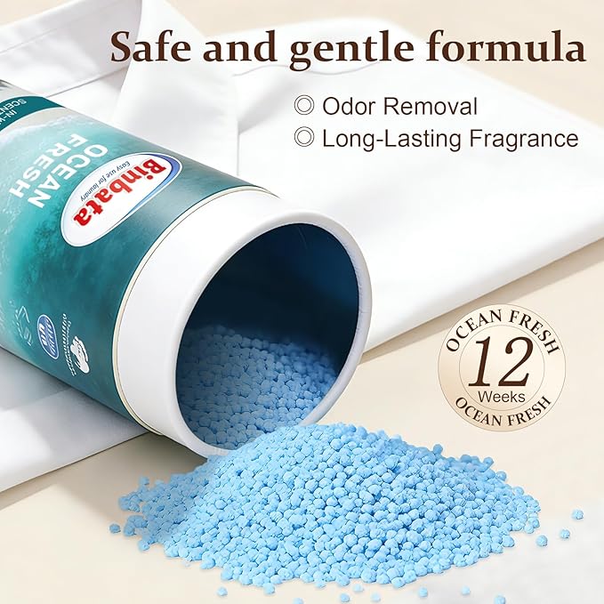 Binbata Eco‑Friendly Scent Beads Laundry 30oz, Gentle In‑Wash Scent Booster Beads with Plastic Free Recyclable Package, Up to 85 Washing Cycles for 12 week Long-Lasting Freshness, Ocean Fresh Scent