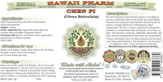 Chen Pi Alcohol-Free Liquid Extract, Chen Pi, Tangerine (Citrus Reticulata) Peel Glycerite Hawaii Pharm Natural Herbal Supplement 4x4 oz