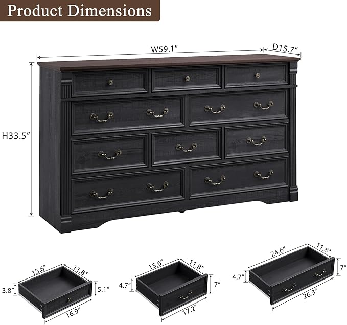 Yaamizz Farmhouse Dresser for Bedroom, 60" Wide 10 Drawer Dressers Storage with Wood Pilasters & Metal Handles, Drawer Organizer for Bedroom, Vintage Design, Hallway, Black