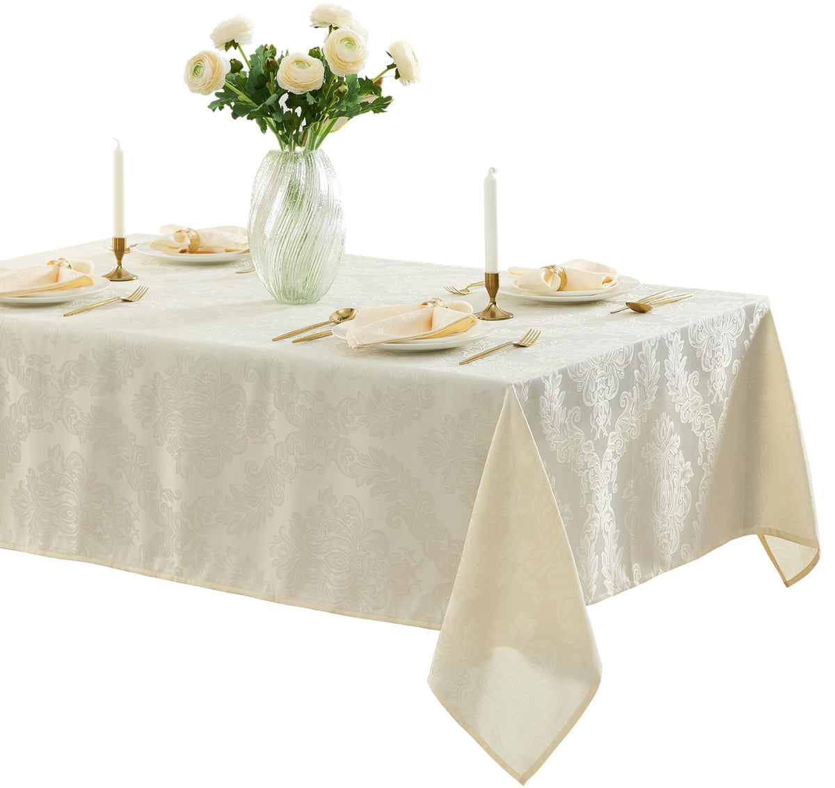 Newbridge Barcelona Luxury Damask Fabric Napkins, Set of 4 Square Napkins, Antique White, 100% Polyester, No Iron, Soil Resistant Dining Room, Party and Banquet Napkins
