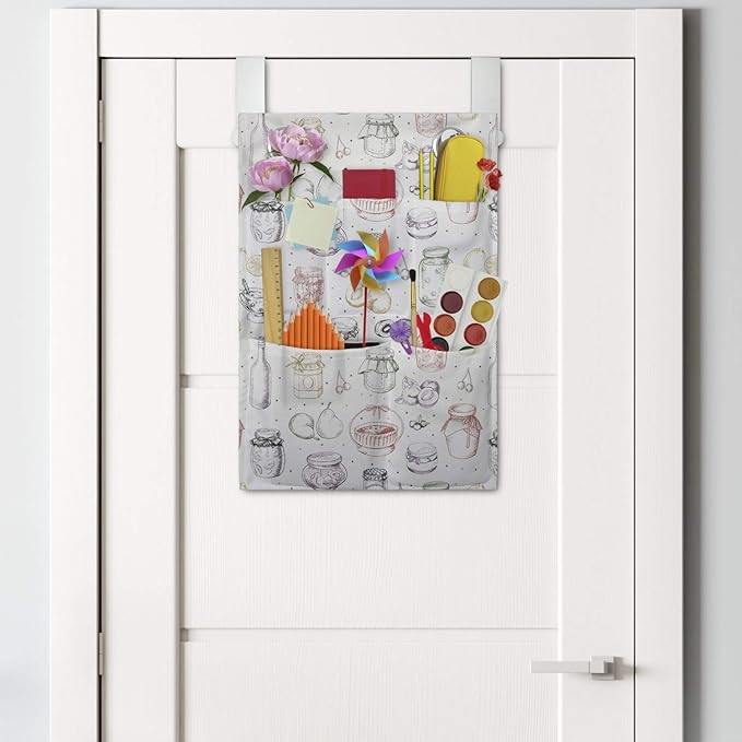 Ambesonne Ingredients Hanging Pocket Organizer, Sketch Colorful Freehand Drawings of Jars Fruits Bottles and Mini Spots, Printed Polyester Storage Bag with Pockets, 14" x 20", White Multicolor