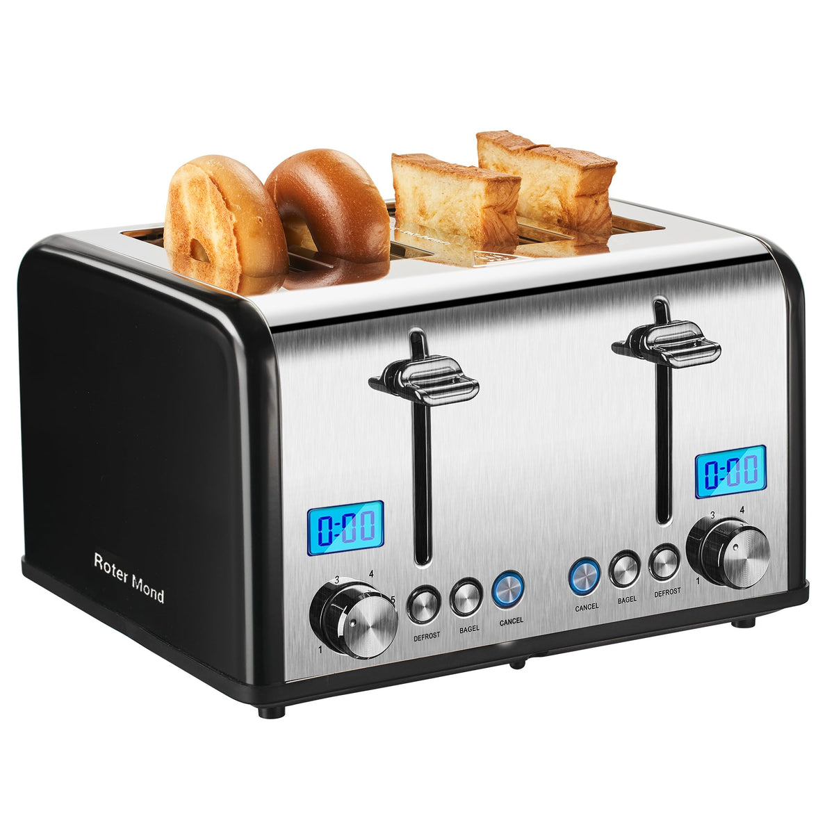 Roter Mond Countdown Stainless Steel 4 Slice Toaster with Bagel, Defrost, Cancel Function, Dual Toaster, Extra Wide Slots, 6 Shade Settings, Removable Crumb Trays, 1650W, Red