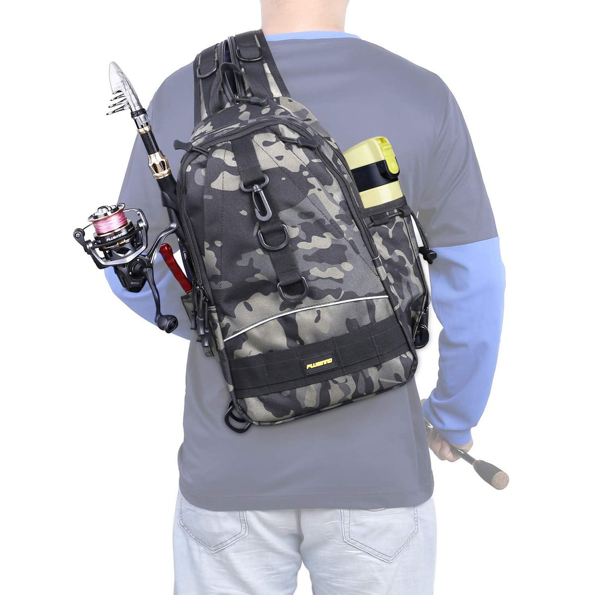 PLUSINNO Fishing Tackle Backpack Storage Bag，Outdoor Shoulder Backpack，Fishing Gear Bag，Water-Resistant Fishing Backpack with Rod Holder (Standard(14.6*8.7*5.5 inch)-Black CP)