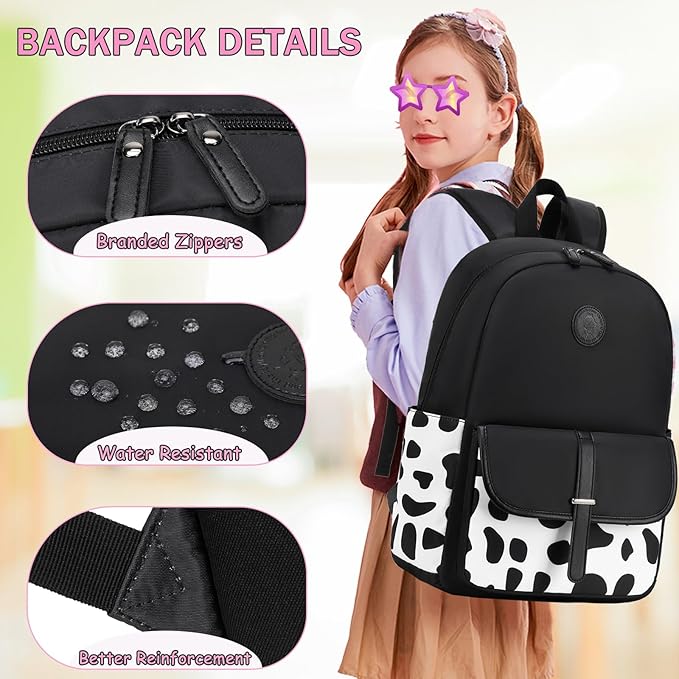 School Backpack for Girls Teens Bookbag with Lunch Box Set Kids Backpack Elementary Middle School Bag Daypack, Black Cow
