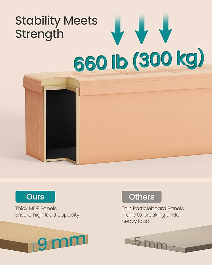 SONGMICS Mazie Collection - Storage Ottoman Bench, Foldable Foot Rest, 15 x 43 x 15 Inches, End of Bed Bench, Storage Chest, Load 660 lb, Living Room, Bedroom, Entryway, Apricot ULSF277O01