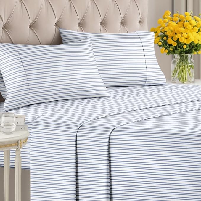 Blue and White Striped Sheets - 1 Flat & 1 Fitted Sheet & 2 Pillowcases w/ Deep Pockets - Comfy, Wrinkle & Fade Resistant - Ultra-Soft, Breathable & Cooling - Luxury Pinstripe Bedding - Full Size