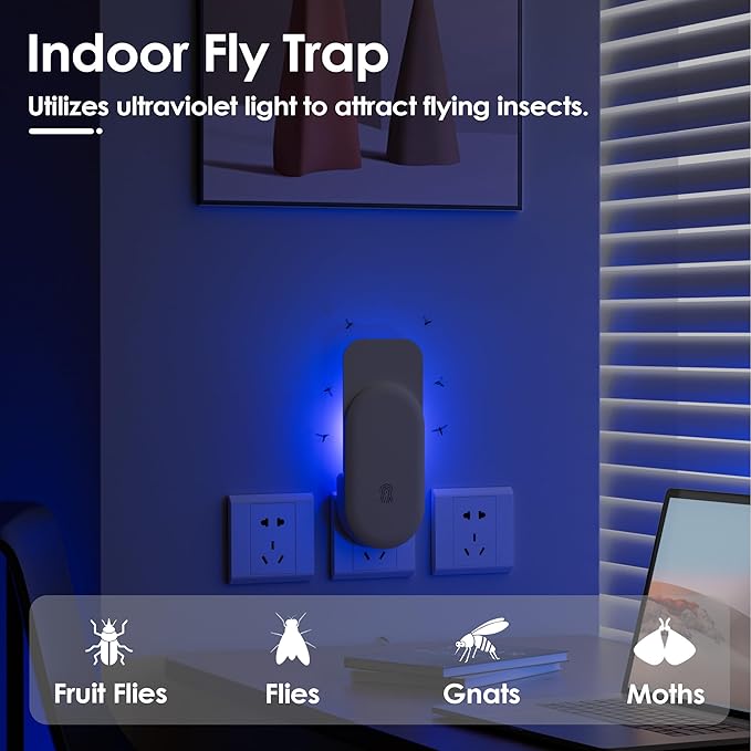 Fly Trap Indoor, 3 in 1 Plug-in Fruit Fly Trap,2 Trap White and 10 Glue Cards, Fruit Fly Traps for Indoors, Flying Insect Trap for Gnat, Moth, Mosquito, Suitable for Every Part of The Home