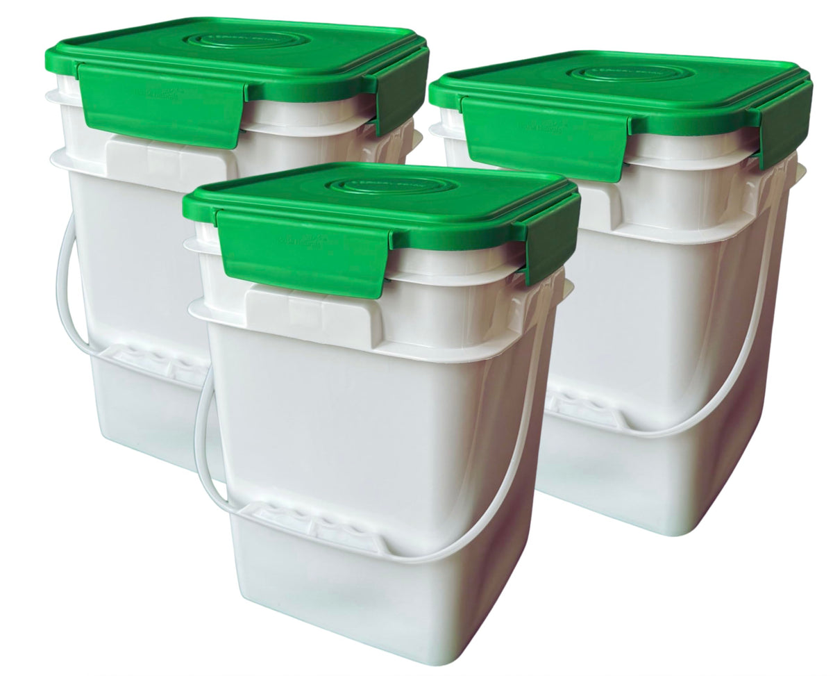 House Naturals 4 Gallon Square Food Grade Bucket Pail with Plastic Handles and Lid (Pack of 3) Made in USA containers (White)