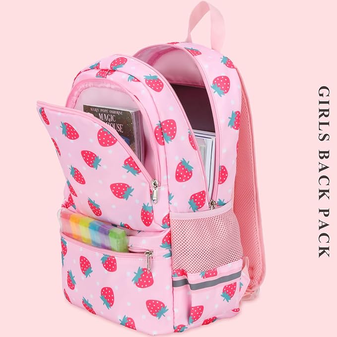 DSIUE Kids Backpack for Girls Elementary BookBags Teens School Backpack with Lunch Box Strawberry Pink