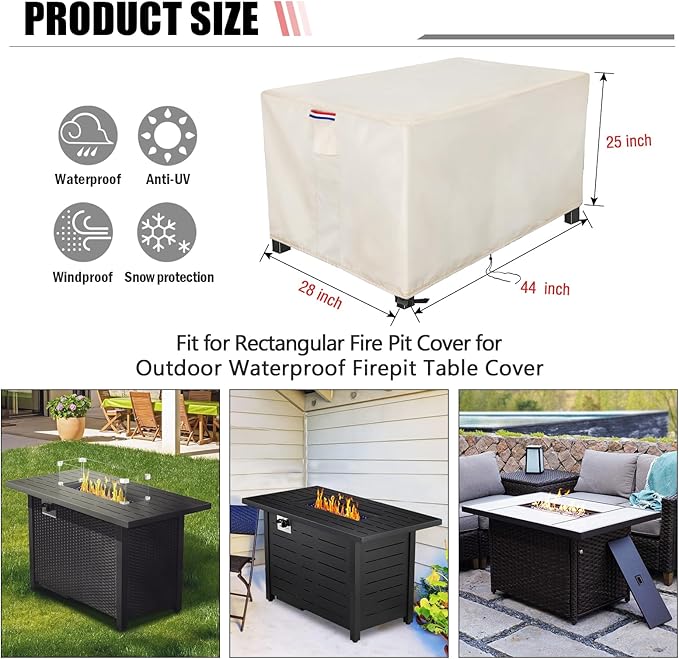 Youlvy Fire Pit Cover Rectangular 44 Inch - Waterproof Outdoor Fire Table Cover Rectangle Heavy Duty, 600D Patio Propane Gas Firepit Cover Rectangular Tear Weather Resistant - 44 x 28 x 25 Inch Beige