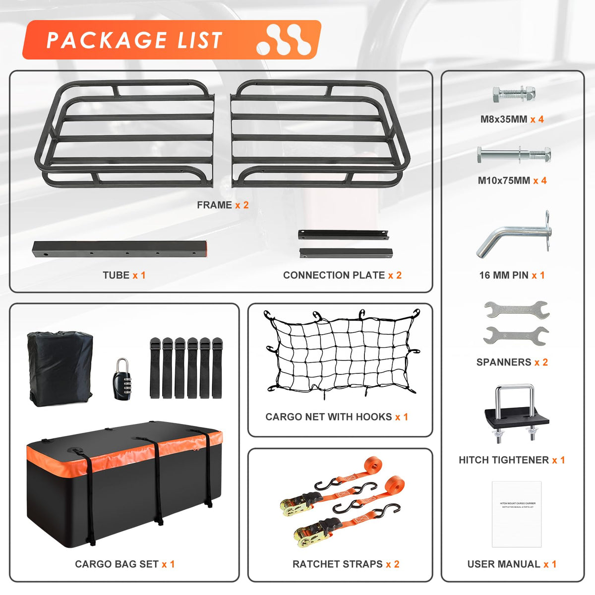 MeeFar Cargo Carrier Basket + Waterproof Bag (53"x19"x5.5", Hitch Mount)