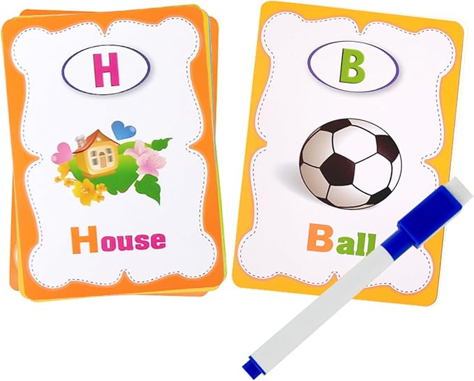 Erasable English Alphabet flashcards. - Write and Wipe Laminated ABCD Letter Tracing Practice Card for Kindergarten (26 Flashcards with Marker) (English Version)